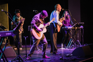 Al-Stewart-and-the- Empty-Pockets- playing-guitar-keyboard-singing-on- stage